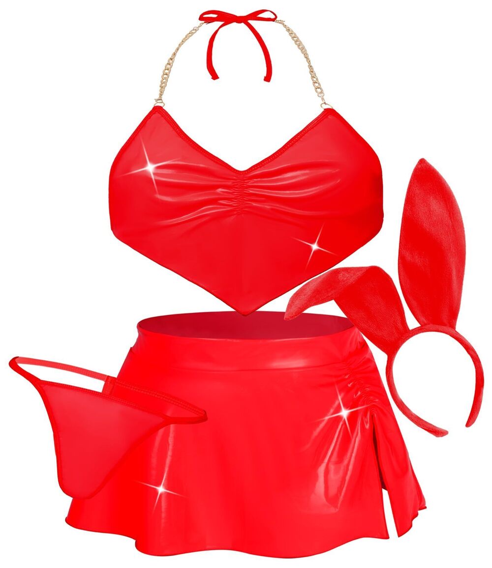 1040 Bunny Cosplay Costume PU Leather Lingerie Sets 4Pcs Heart Crop Tops